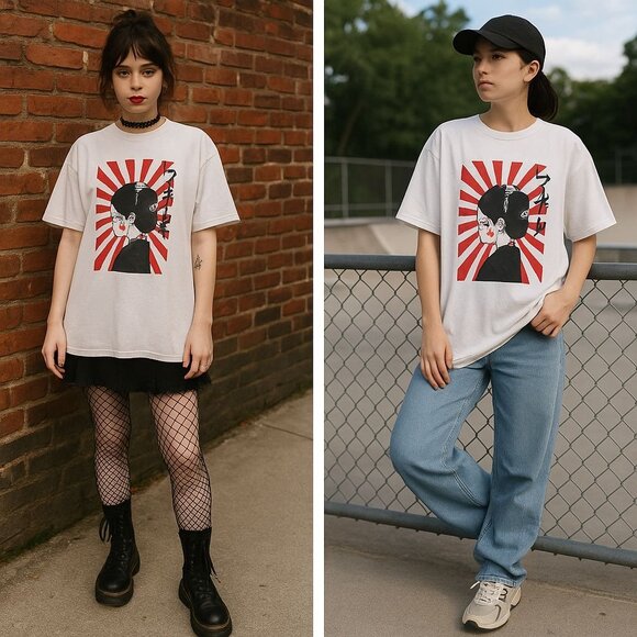 WTF Women’s Graphic Tee White S Anime Print Y2K Grunge Artcore Oversized - Picture 2 of 10